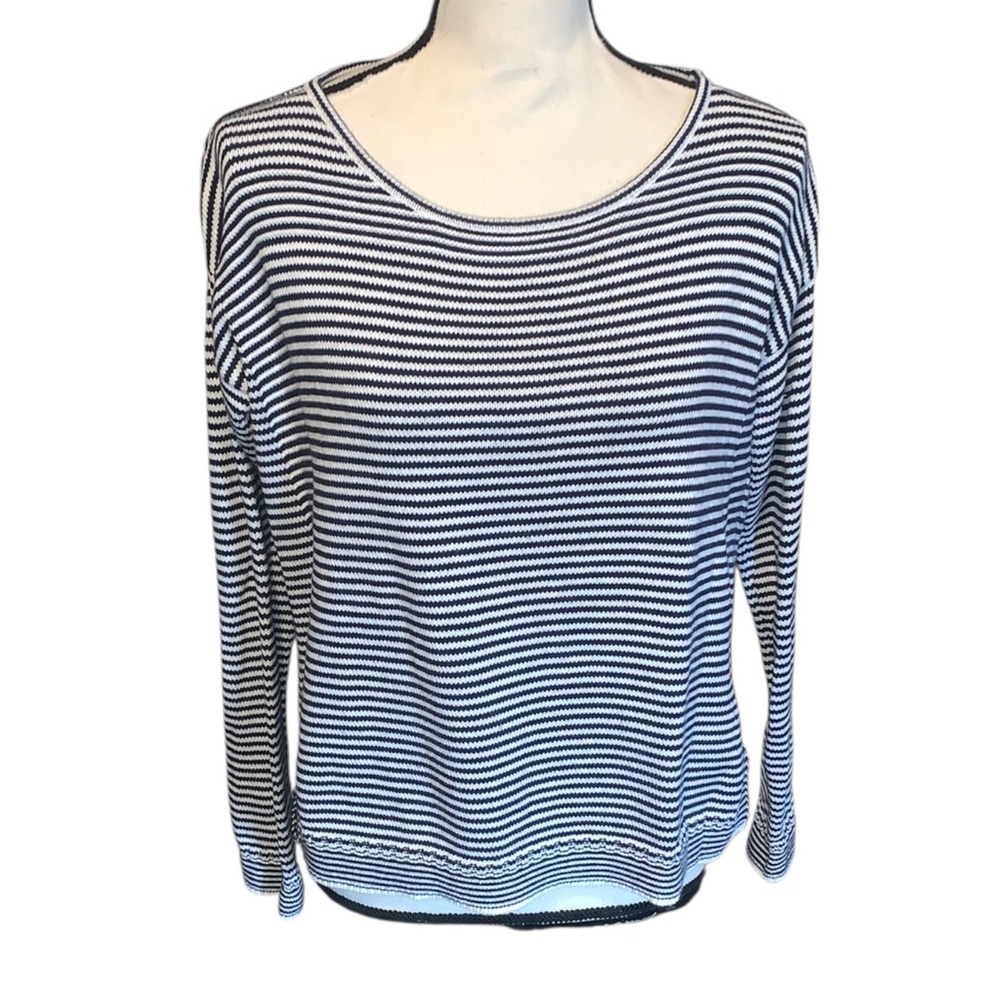 Hemisphere Striped Black and White Cotton Long Sleeve Sweater Side Slits